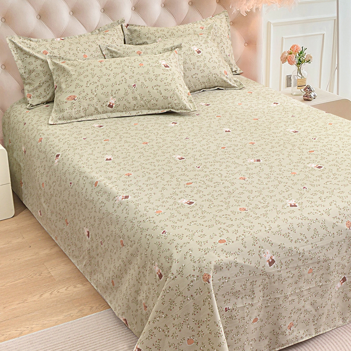 91家纺网 家纺一手货源 找家纺 小雨家纺 2026新款云锦棉韩版印花单床单系列 爱乐兔（拿铁棕）