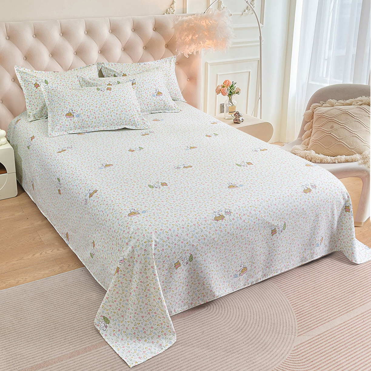 91家纺网 家纺一手货源 找家纺 小雨家纺 2026新款云锦棉韩版印花单床单系列 爱乐园9003苹果绿