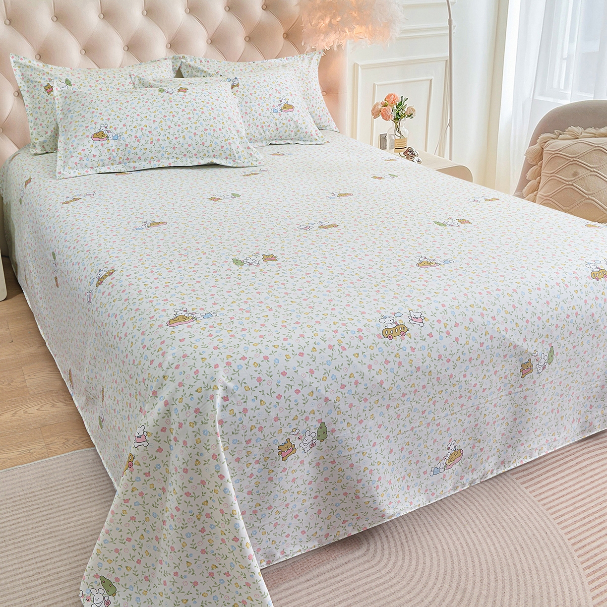 91家纺网 家纺一手货源 找家纺 小雨家纺 2026新款云锦棉韩版印花单床单系列 爱乐园9003苹果绿