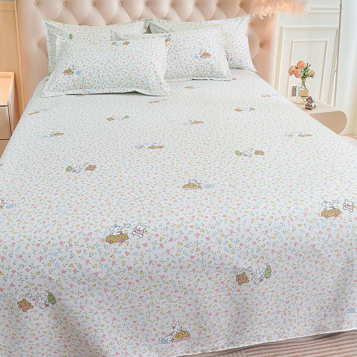 91家纺网 家纺一手货源 找家纺 小雨家纺 2026新款云锦棉韩版印花单床单系列 爱乐园9003苹果绿