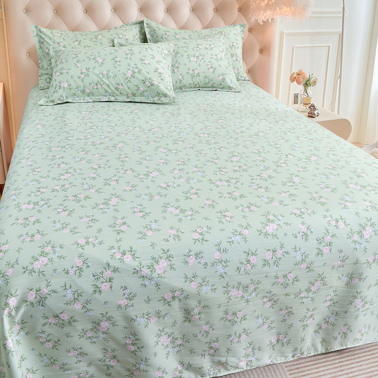 91家纺网 家纺一手货源 找家纺 小雨家纺 2026新款云锦棉韩版印花单床单系列 绿野仙踪9019山野绿