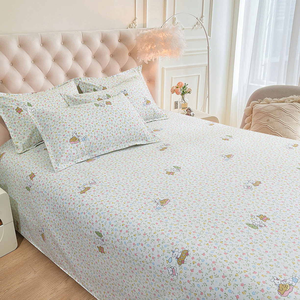 91家纺网 家纺一手货源 找家纺 小雨家纺 2026新款云锦棉韩版印花单床单系列 爱乐园9003苹果绿