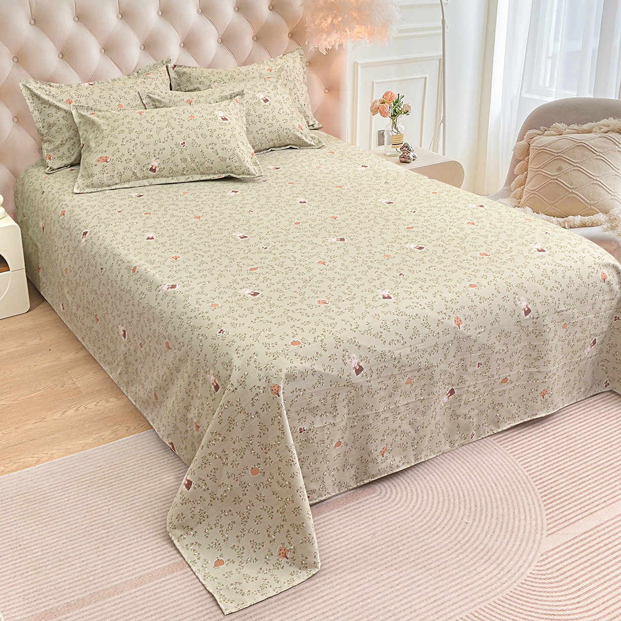 91家纺网 家纺一手货源 找家纺 小雨家纺 2026新款云锦棉韩版印花单床单系列 爱乐兔（拿铁棕）