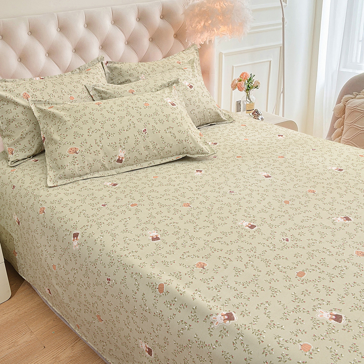 91家纺网 家纺一手货源 找家纺 小雨家纺 2026新款云锦棉韩版印花单床单系列 爱乐兔（拿铁棕）