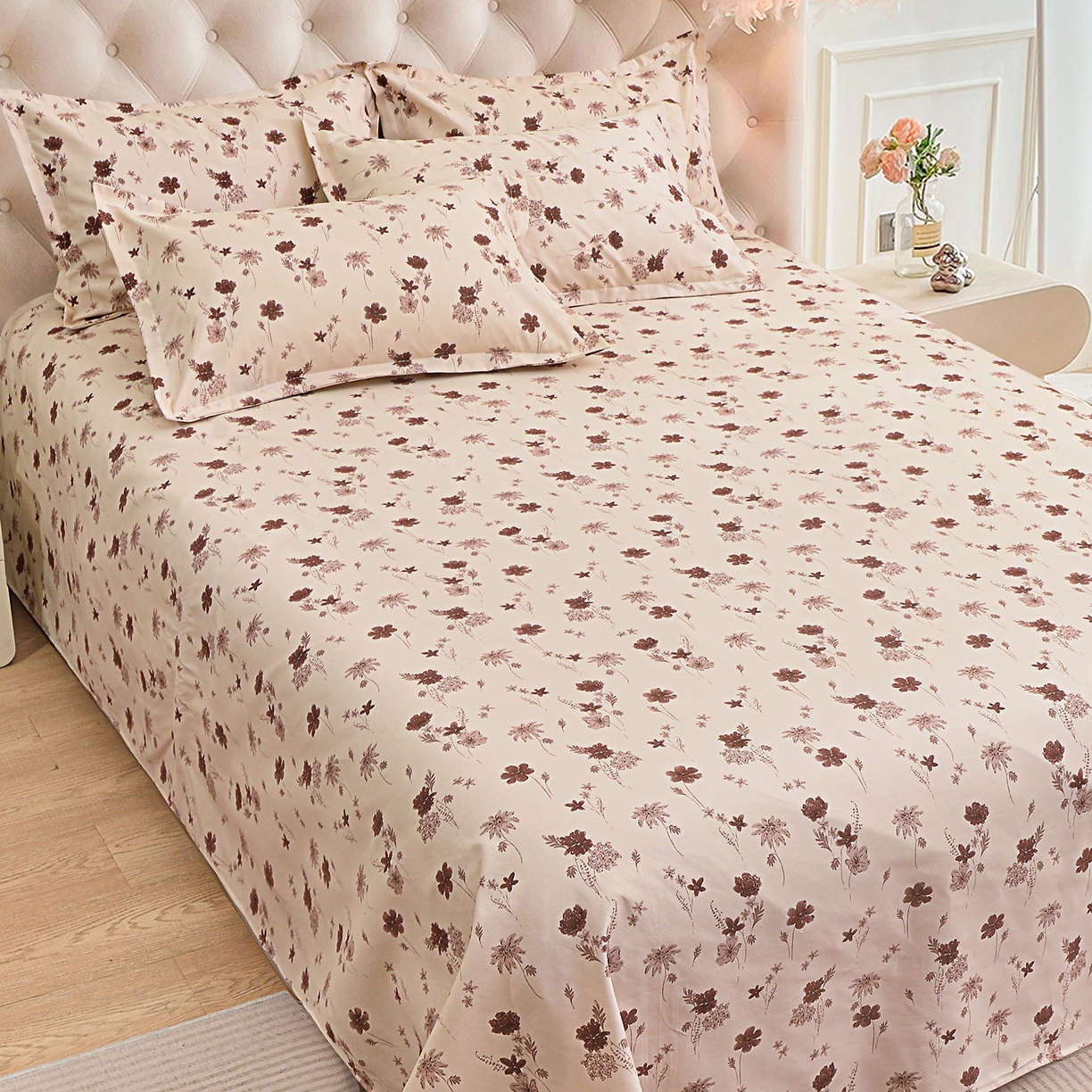 91家纺网 家纺一手货源 找家纺 小雨家纺 2026新款云锦棉韩版印花单床单系列 花屿（拿铁棕）