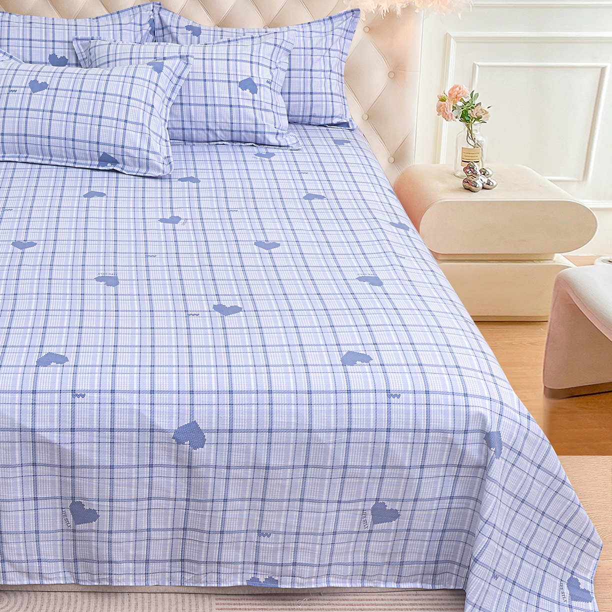 91家纺网 家纺一手货源 找家纺 小雨家纺 2026新款云锦棉韩版印花单床单系列 怦然心动（冷凝灰）