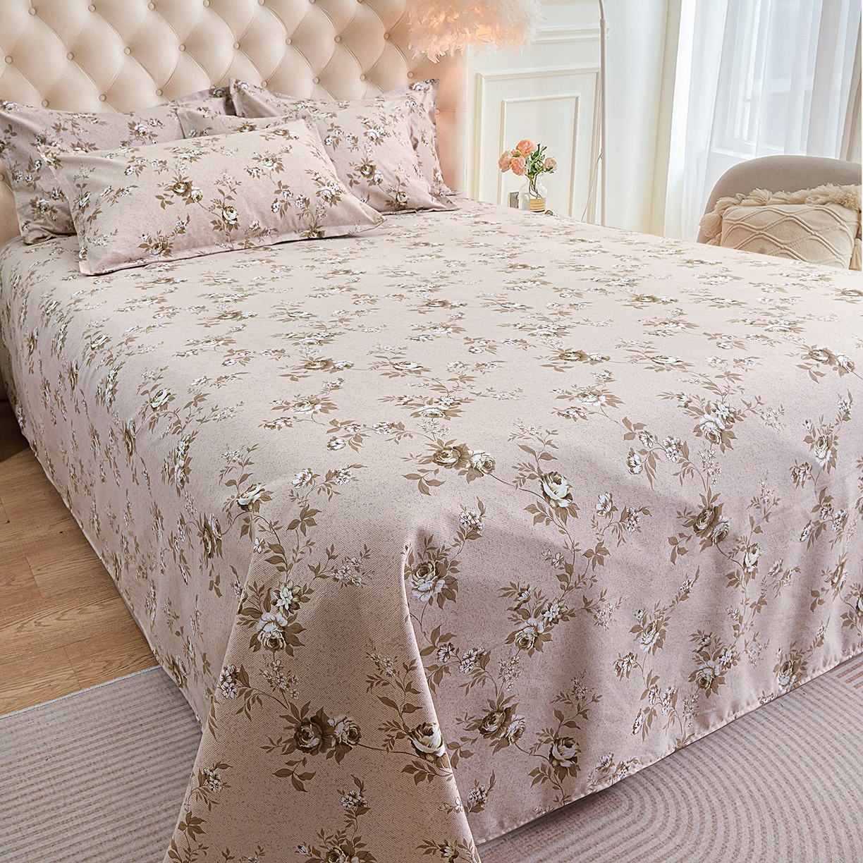 91家纺网 家纺一手货源 找家纺 小雨家纺 2026新款云锦棉韩版印花单床单系列 花屿9055咖拿铁棕