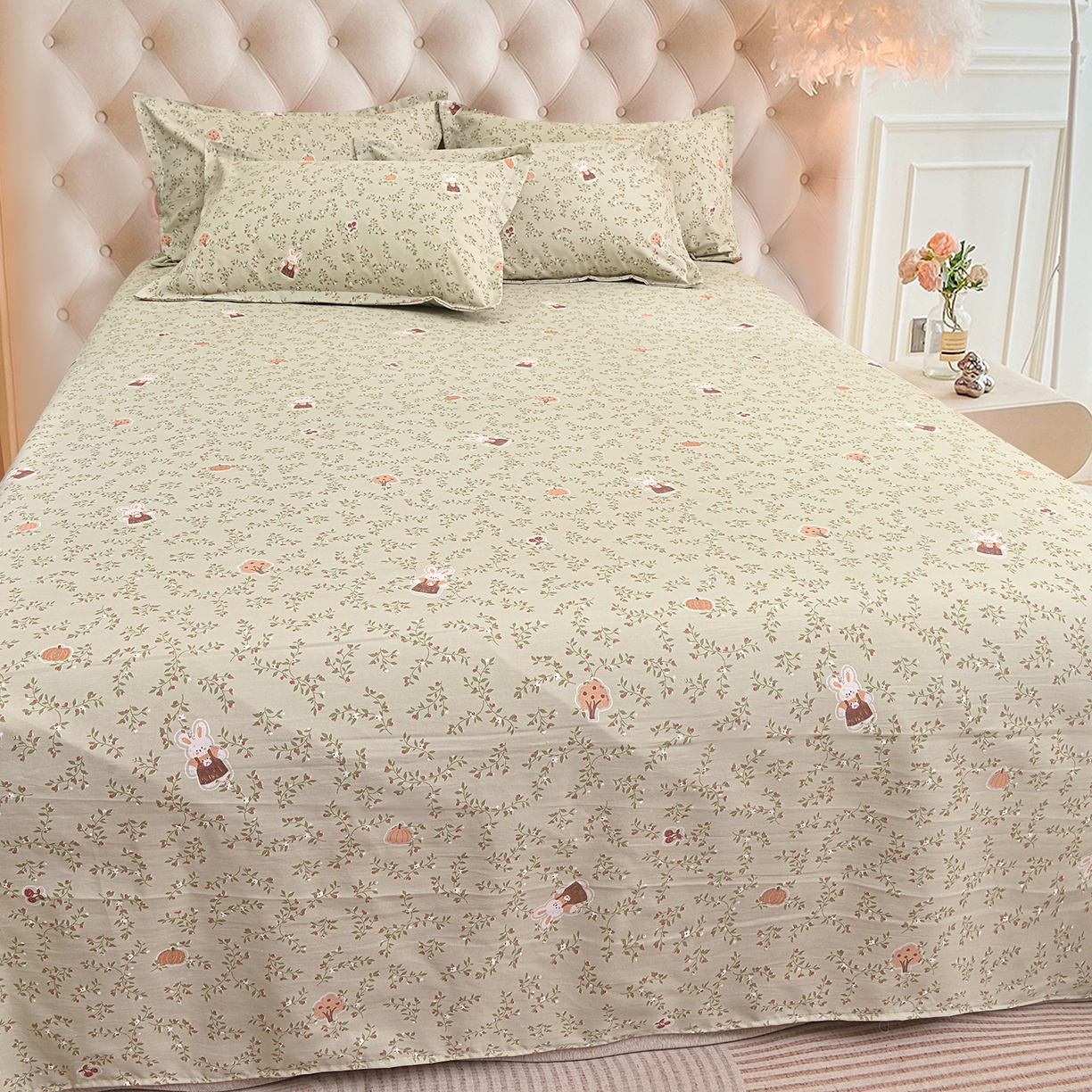 91家纺网 家纺一手货源 找家纺 小雨家纺 2026新款云锦棉韩版印花单床单系列 爱乐兔（拿铁棕）