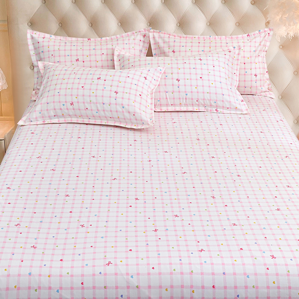 91家纺网 家纺一手货源 找家纺 小雨家纺 2026新款云锦棉韩版印花单床笠系列 爱彩（樱花粉）