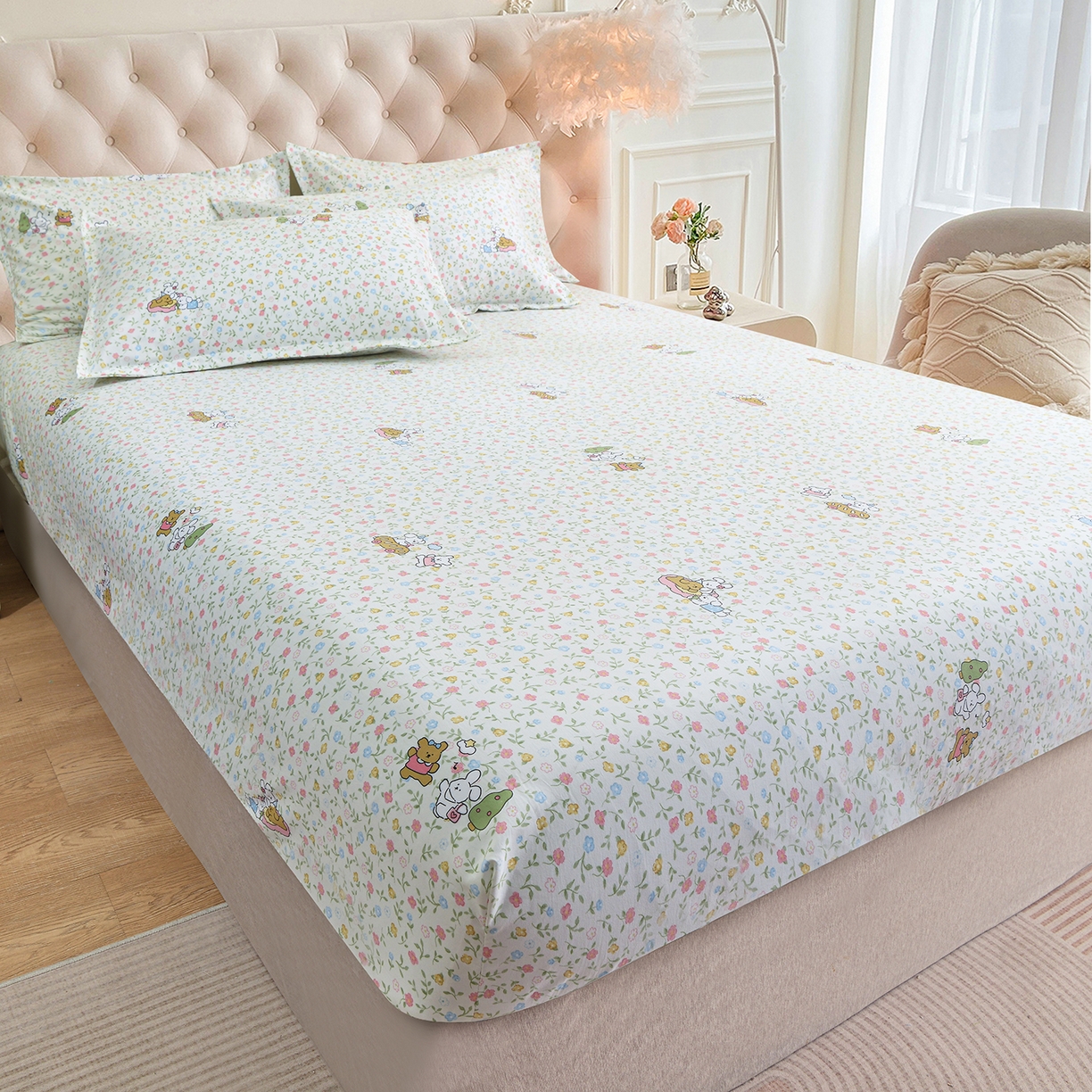 91家纺网 家纺一手货源 找家纺 小雨家纺 2026新款云锦棉韩版印花单床笠系列 爱乐园9003苹果绿