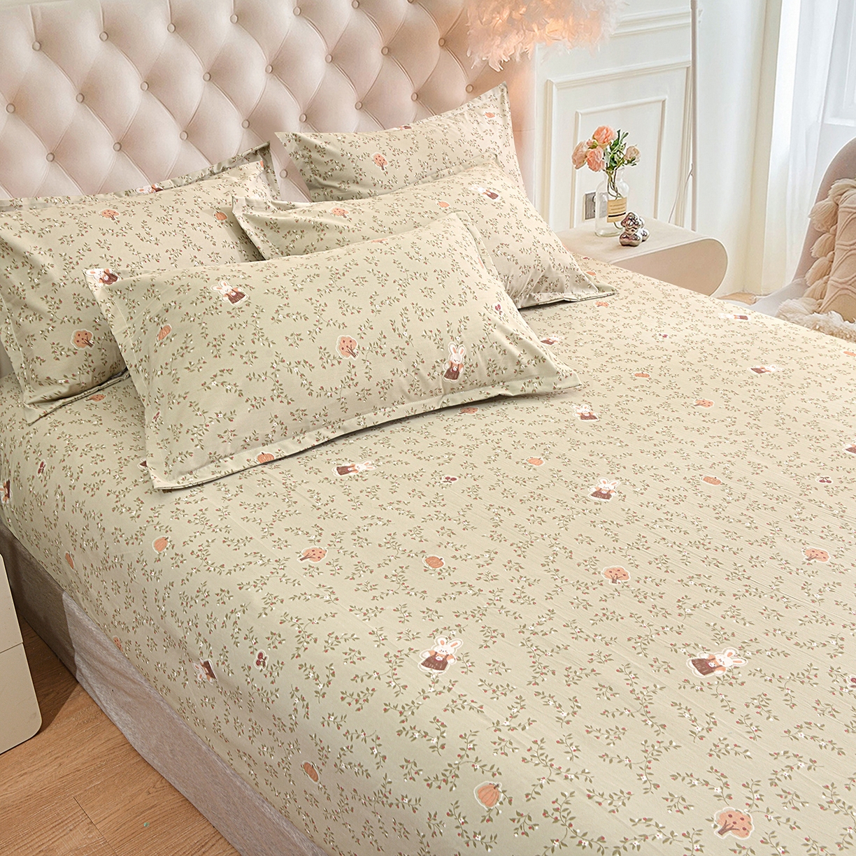 91家纺网 家纺一手货源 找家纺 小雨家纺 2026新款云锦棉韩版印花单床笠系列 爱乐兔（拿铁棕）