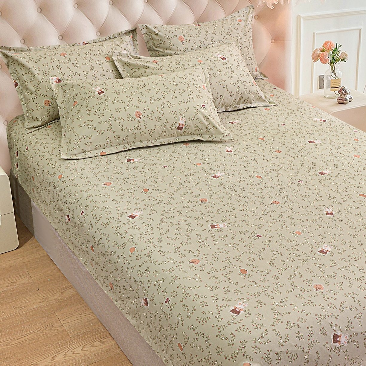 91家纺网 家纺一手货源 找家纺 小雨家纺 2026新款云锦棉韩版印花单床笠系列 爱乐兔（拿铁棕）