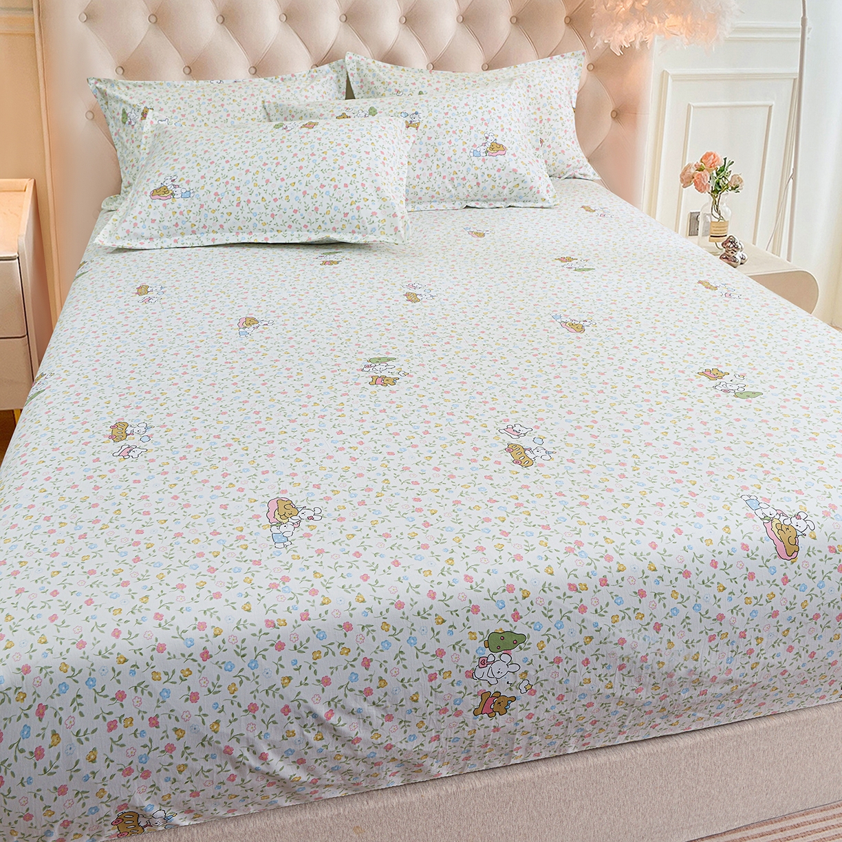 91家纺网 家纺一手货源 找家纺 小雨家纺 2026新款云锦棉韩版印花单床笠系列 爱乐园9003苹果绿