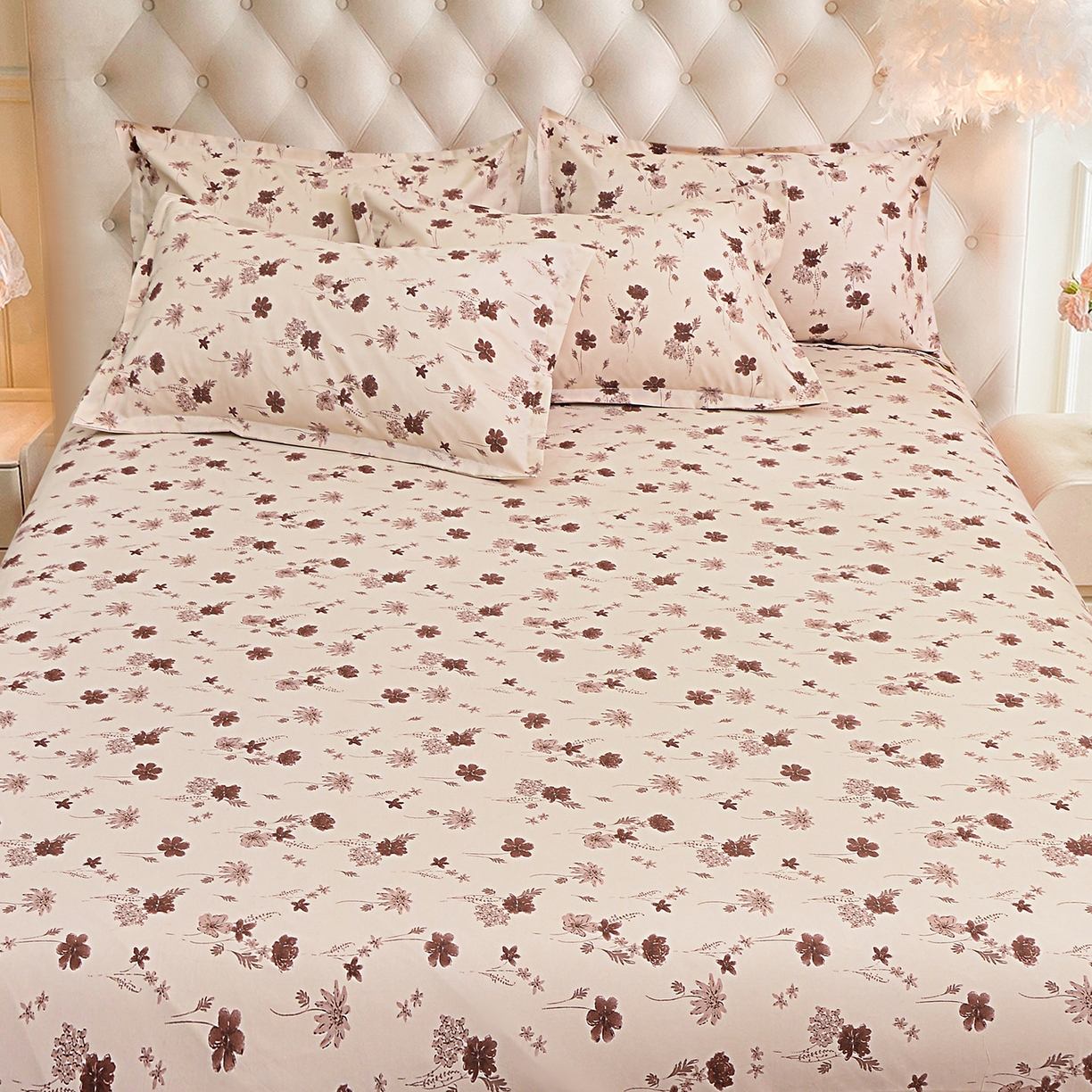 91家纺网 家纺一手货源 找家纺 小雨家纺 2026新款云锦棉韩版印花单床笠系列 花屿（拿铁棕）