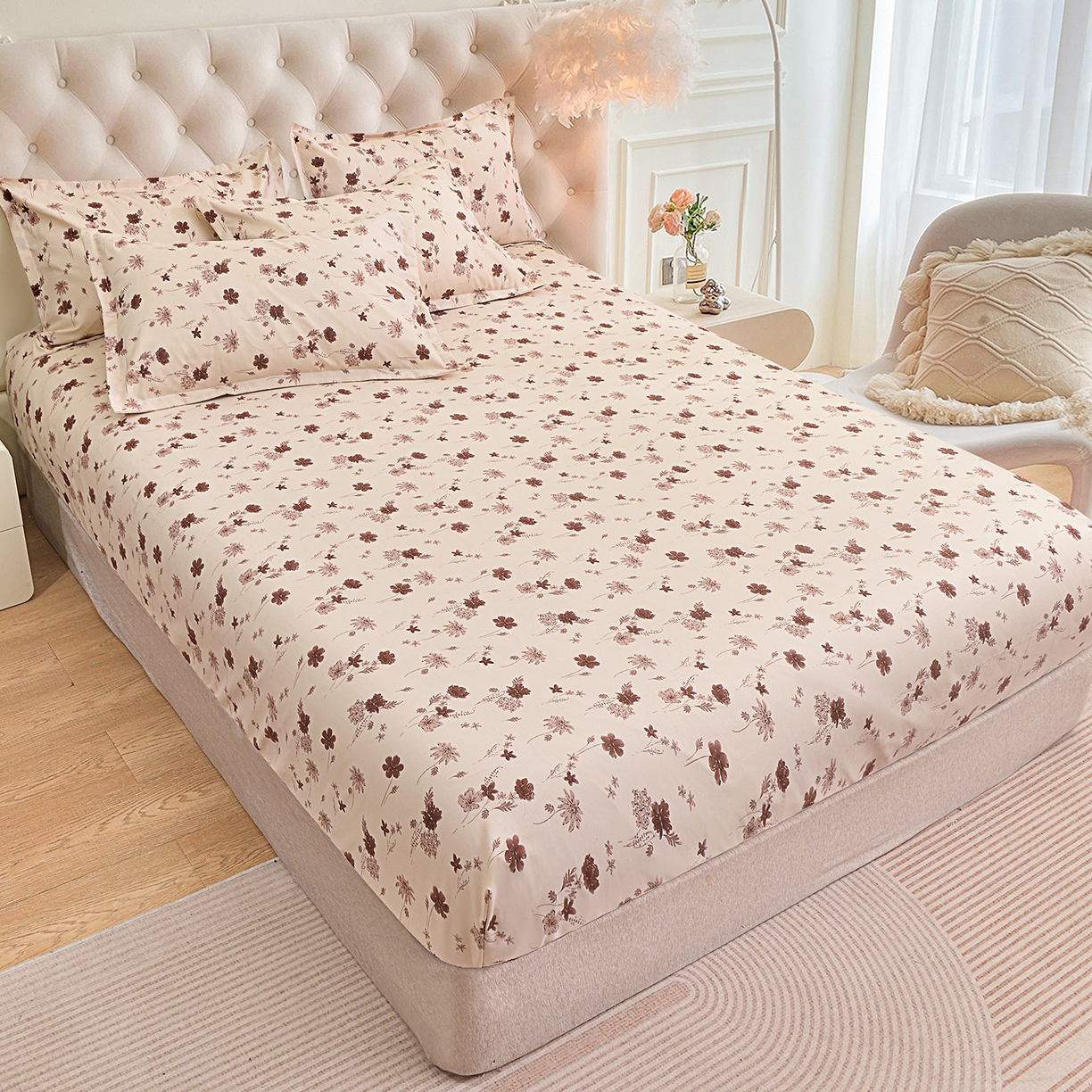 91家纺网 家纺一手货源 找家纺 小雨家纺 2026新款云锦棉韩版印花单床笠系列 花屿（拿铁棕）