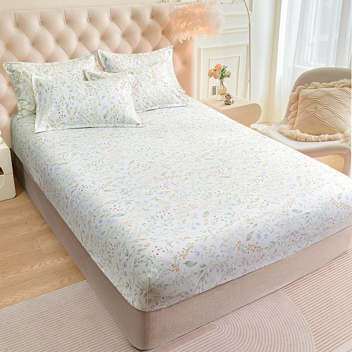 91家纺网 家纺一手货源 找家纺 小雨家纺 2026新款云锦棉韩版印花单床笠系列 云望舒9053（山野绿）