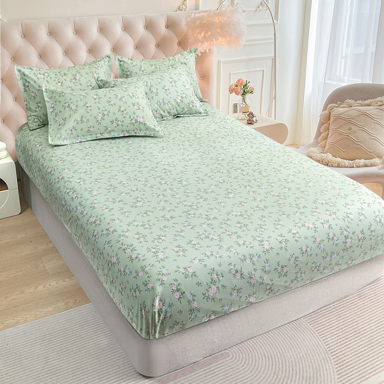 91家纺网 家纺一手货源 找家纺 小雨家纺 2026新款云锦棉韩版印花单床笠系列 绿野仙踪9019山野绿