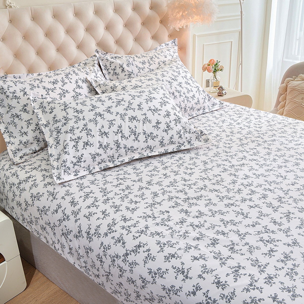 91家纺网 家纺一手货源 找家纺 小雨家纺 2026新款云锦棉韩版印花单床笠系列 成瑾9014（星河灰）