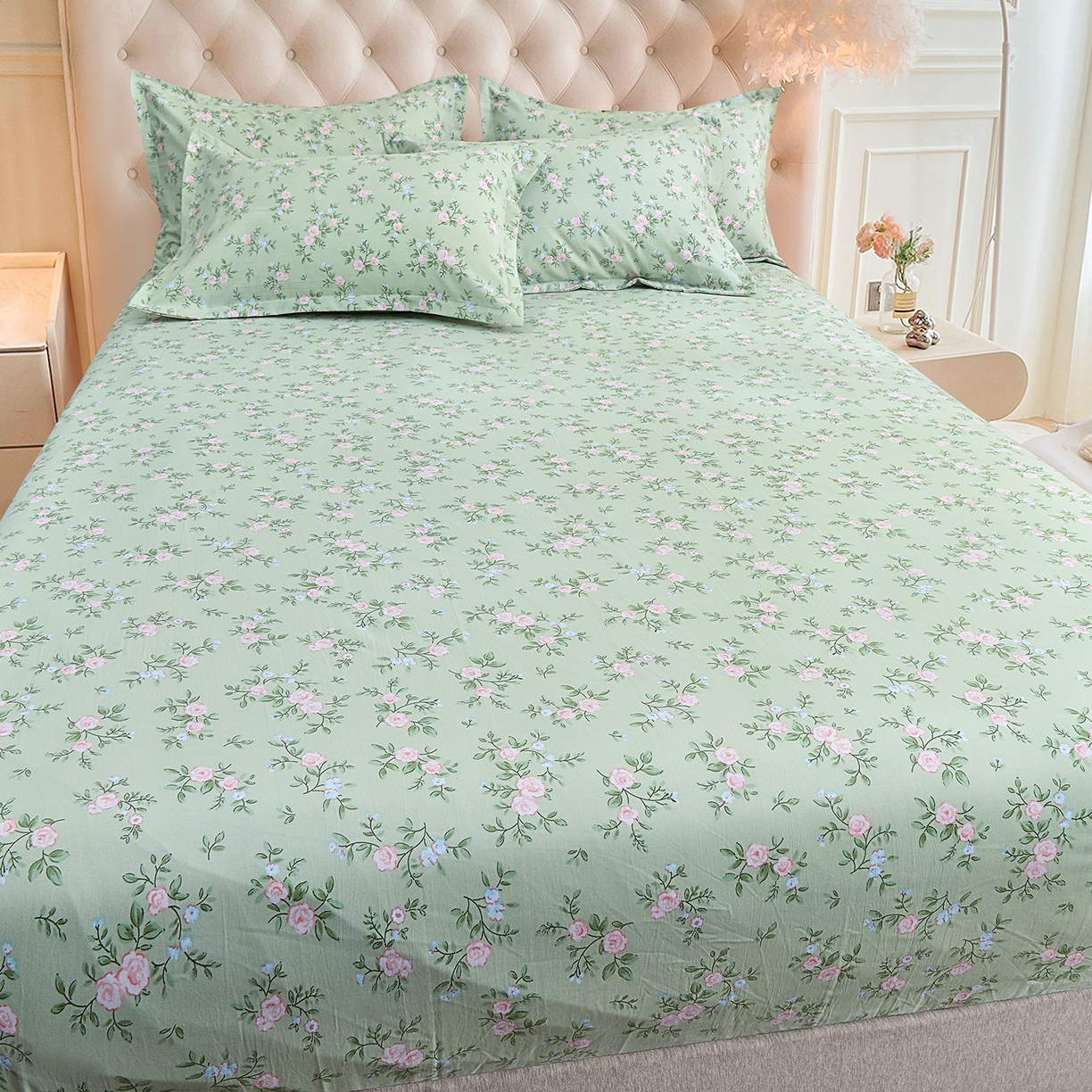 91家纺网 家纺一手货源 找家纺 小雨家纺 2026新款云锦棉韩版印花单床笠系列 绿野仙踪9019山野绿