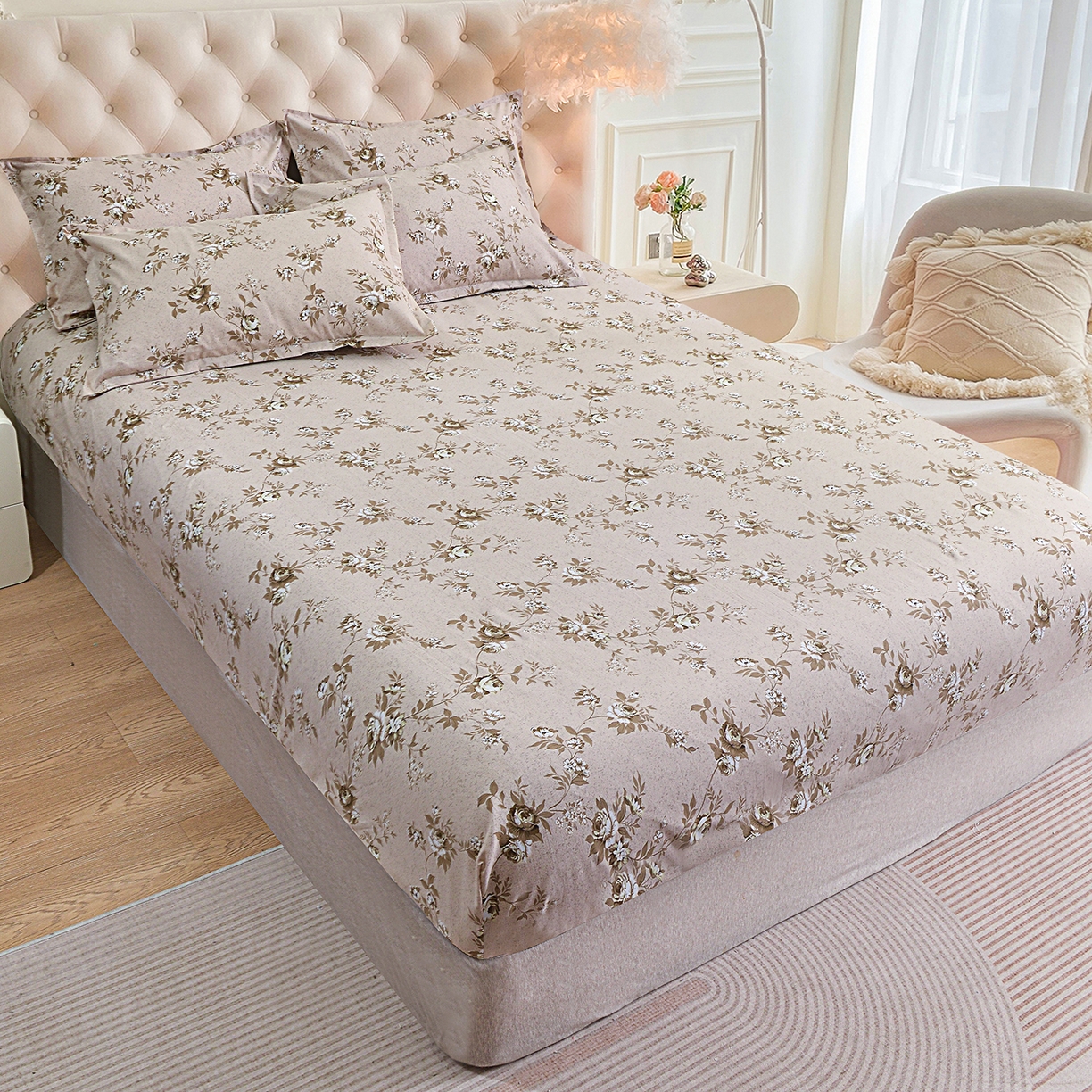 91家纺网 家纺一手货源 找家纺 小雨家纺 2026新款云锦棉韩版印花单床笠系列 花屿9055咖拿铁棕