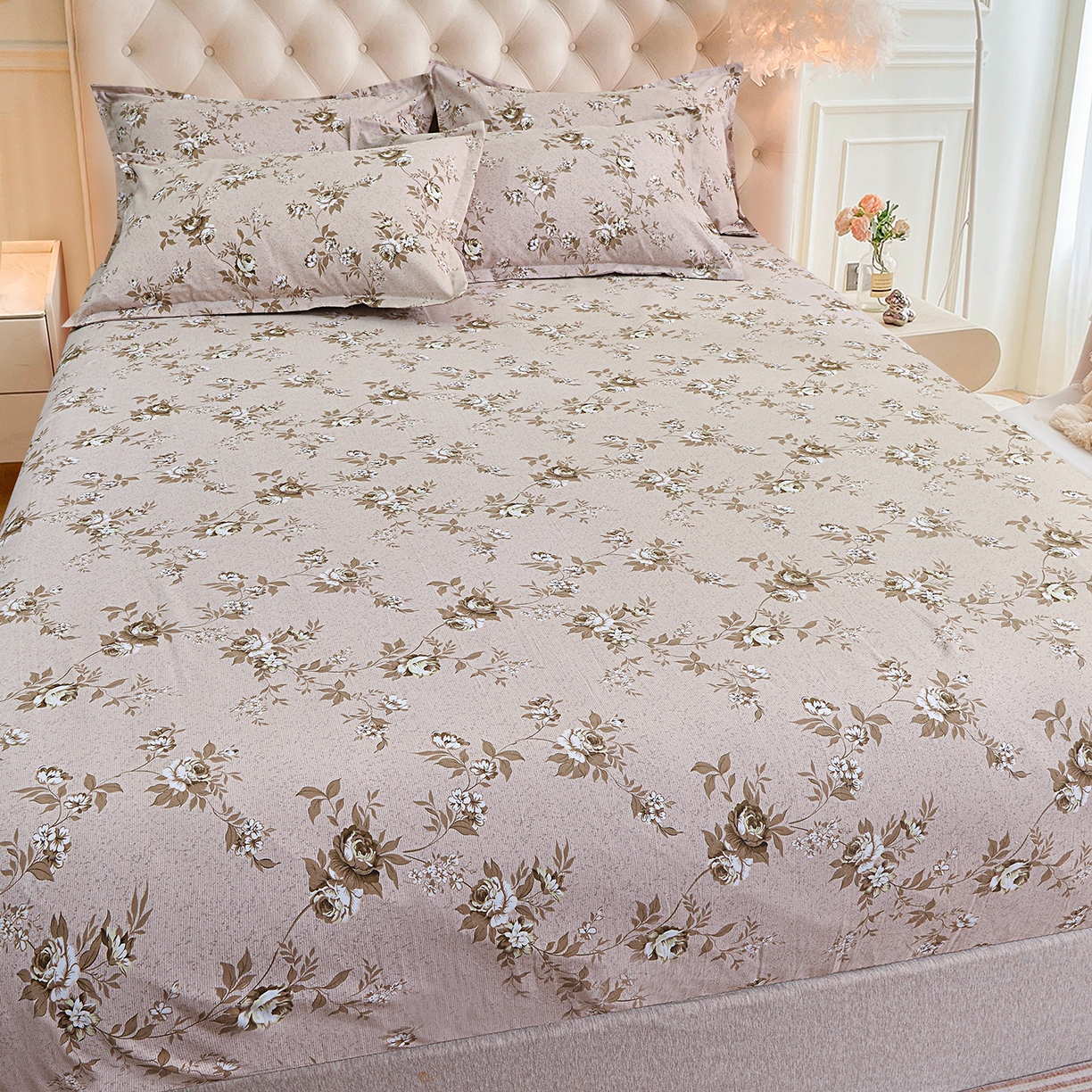 91家纺网 家纺一手货源 找家纺 小雨家纺 2026新款云锦棉韩版印花单床笠系列 花屿9055咖拿铁棕