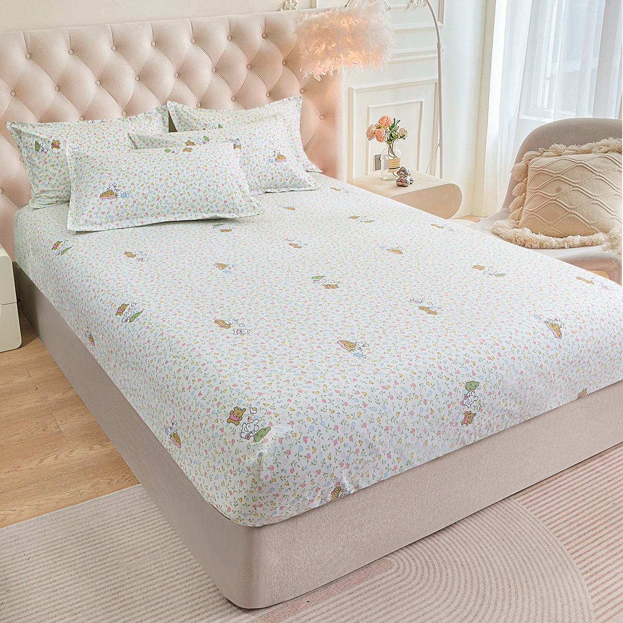 91家纺网 家纺一手货源 找家纺 小雨家纺 2026新款云锦棉韩版印花单床笠系列 爱乐园9003苹果绿