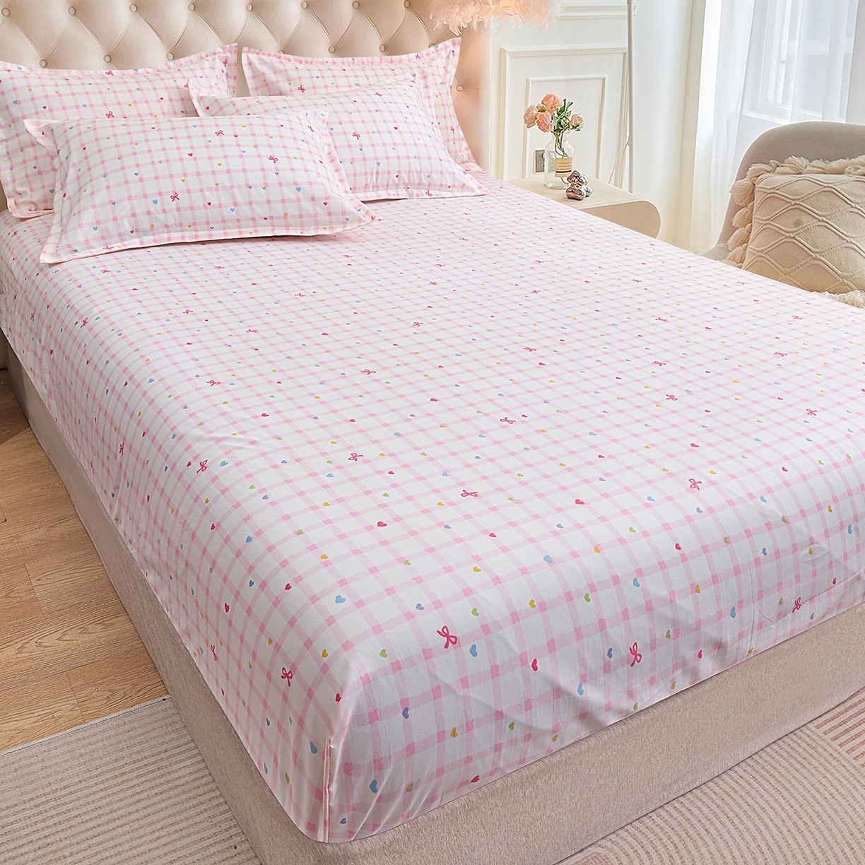 91家纺网 家纺一手货源 找家纺 小雨家纺 2026新款云锦棉韩版印花单床笠系列 爱彩（樱花粉）