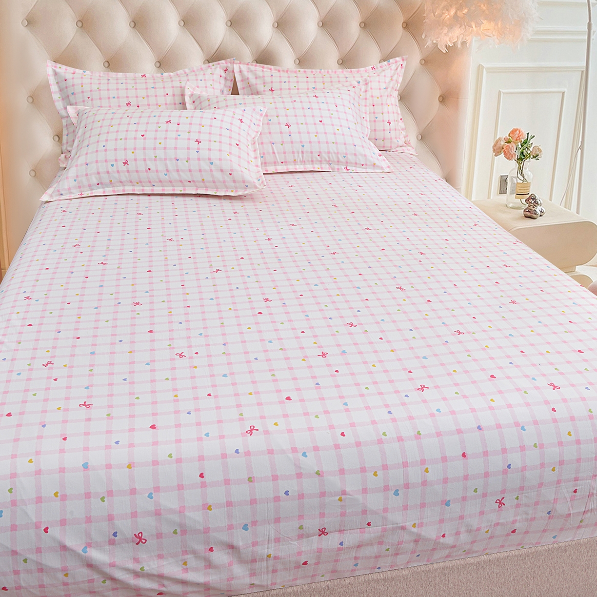 91家纺网 家纺一手货源 找家纺 小雨家纺 2026新款云锦棉韩版印花单床笠系列 爱彩（樱花粉）