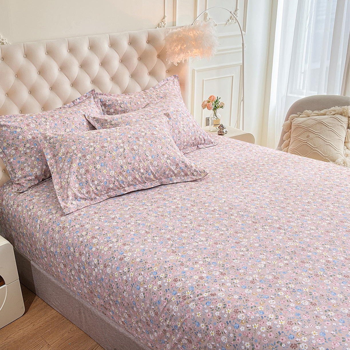 91家纺网 家纺一手货源 找家纺 小雨家纺 2026新款云锦棉韩版印花单床笠系列 花艺（贝卡黄