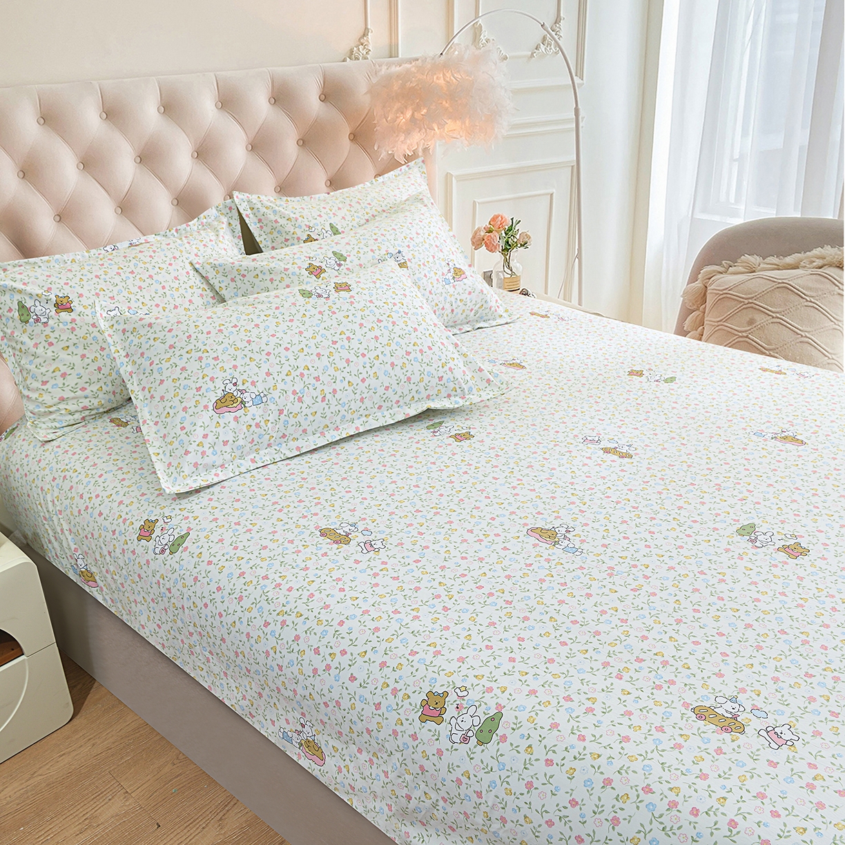 91家纺网 家纺一手货源 找家纺 小雨家纺 2026新款云锦棉韩版印花单床笠系列 爱乐园9003苹果绿