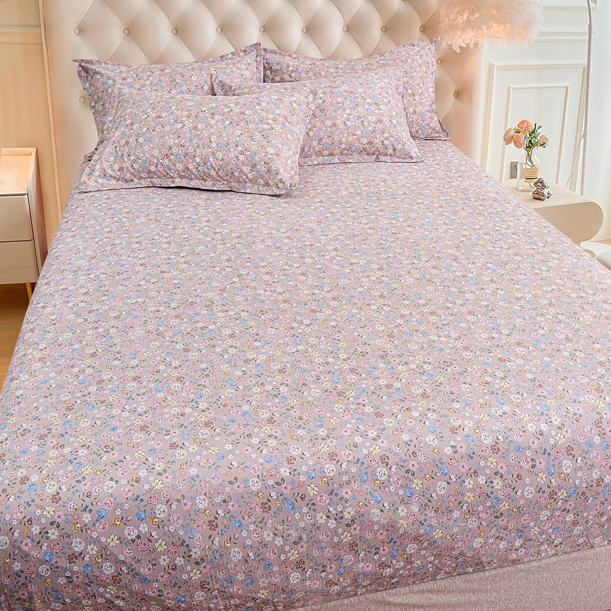 91家纺网 家纺一手货源 找家纺 小雨家纺 2026新款云锦棉韩版印花单床笠系列 花艺（贝卡黄