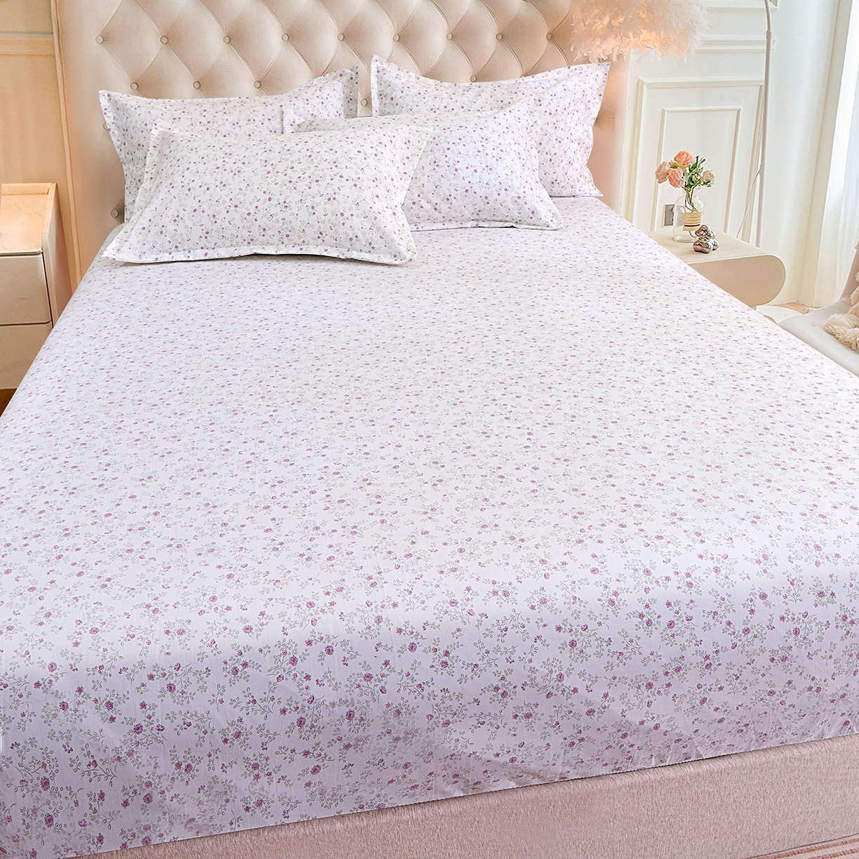 91家纺网 家纺一手货源 找家纺 小雨家纺 2026新款云锦棉韩版印花单床笠系列 花盎然9018雪青