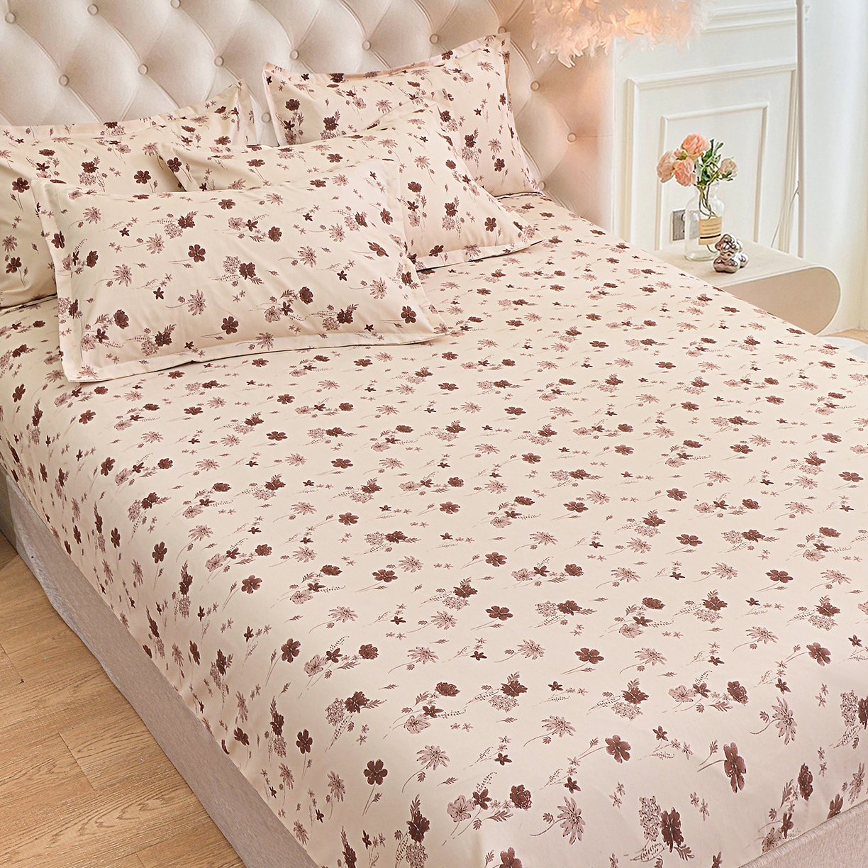 91家纺网 家纺一手货源 找家纺 小雨家纺 2026新款云锦棉韩版印花单床笠系列 花屿（拿铁棕）