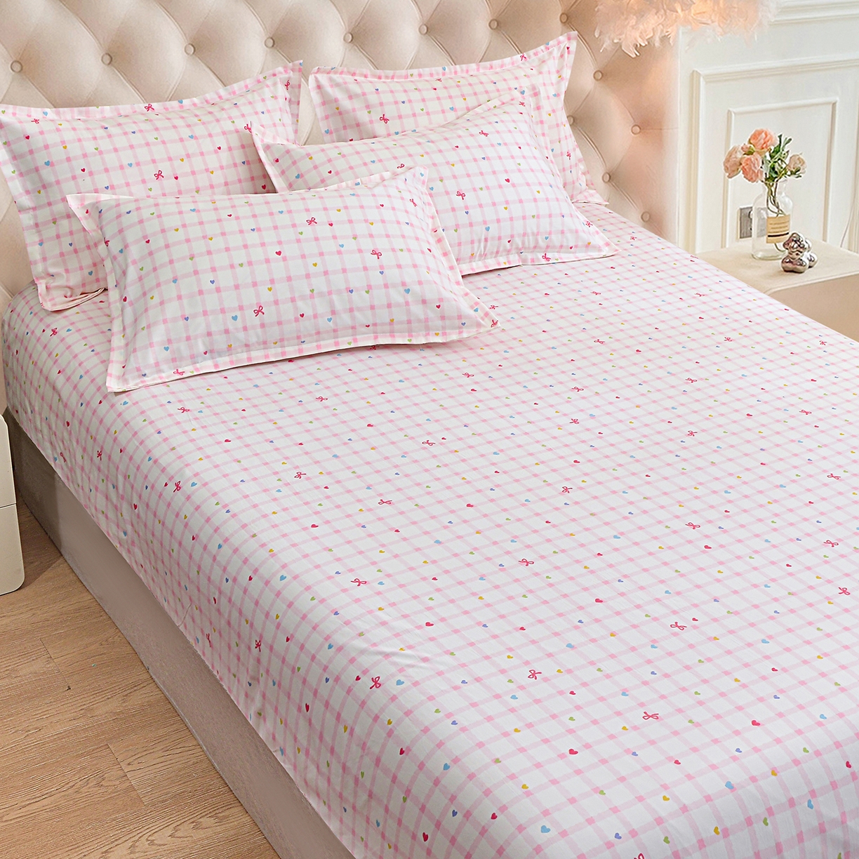 91家纺网 家纺一手货源 找家纺 小雨家纺 2026新款云锦棉韩版印花单床笠系列 爱彩（樱花粉）