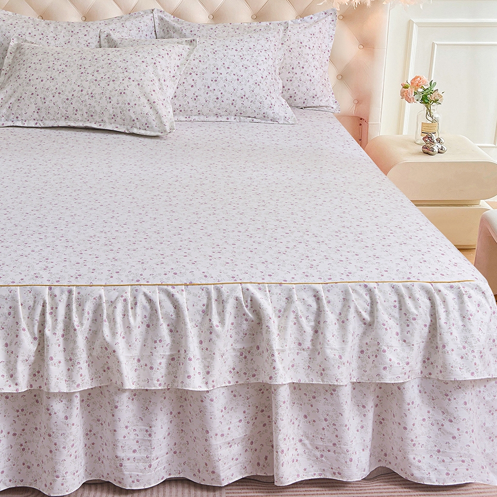 91家纺网 家纺一手货源 找家纺 小雨家纺 2026新款云锦棉韩版印花单床裙系列 花盎然9018雪青