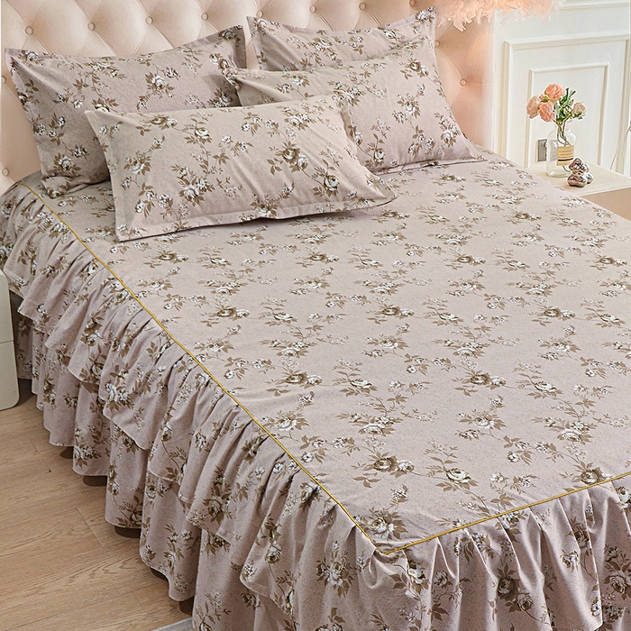 91家纺网 家纺一手货源 找家纺 小雨家纺 2026新款云锦棉韩版印花单床裙系列 花屿9055咖拿铁棕