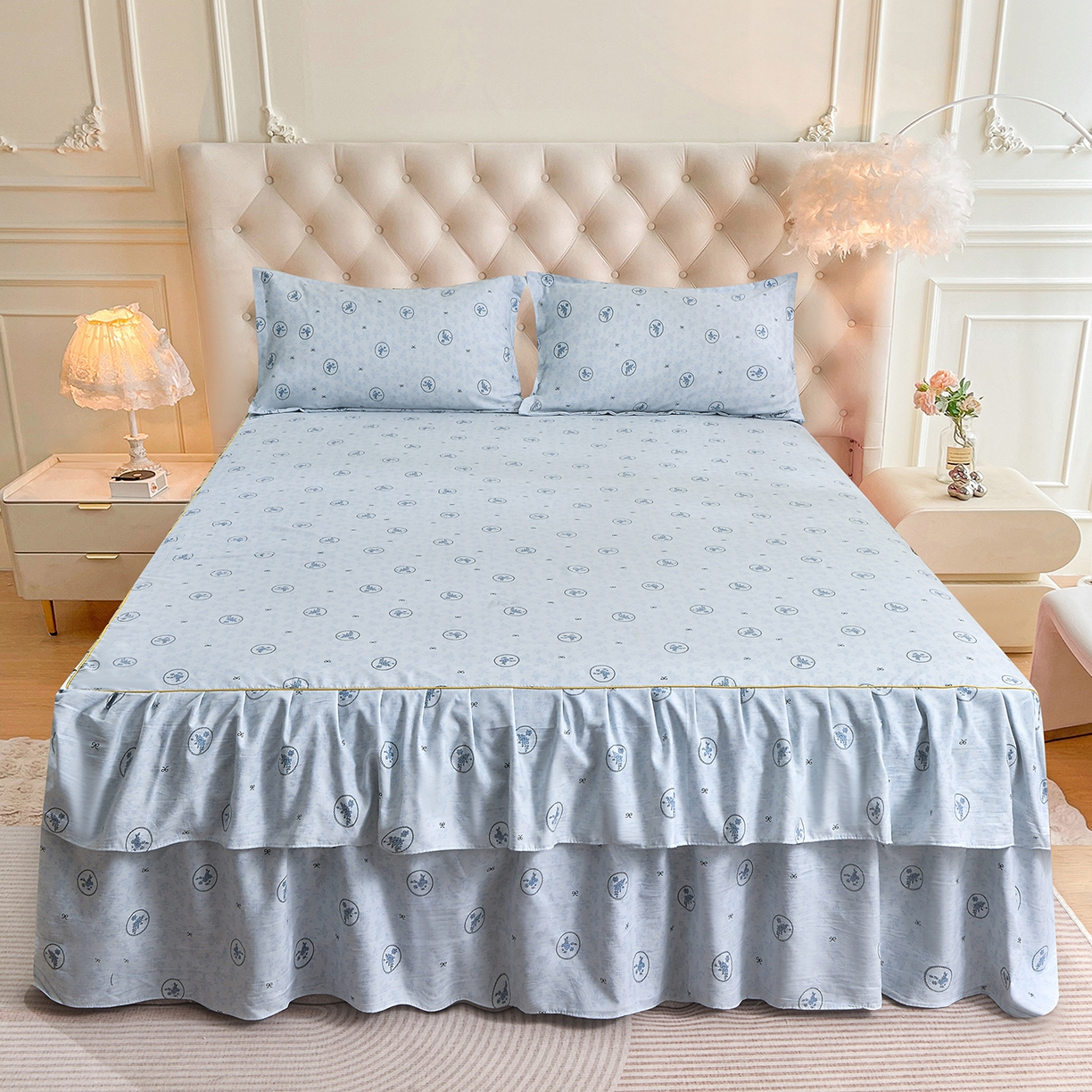 91家纺网 家纺一手货源 找家纺 小雨家纺 2026新款云锦棉韩版印花单床裙系列 花香漫漫