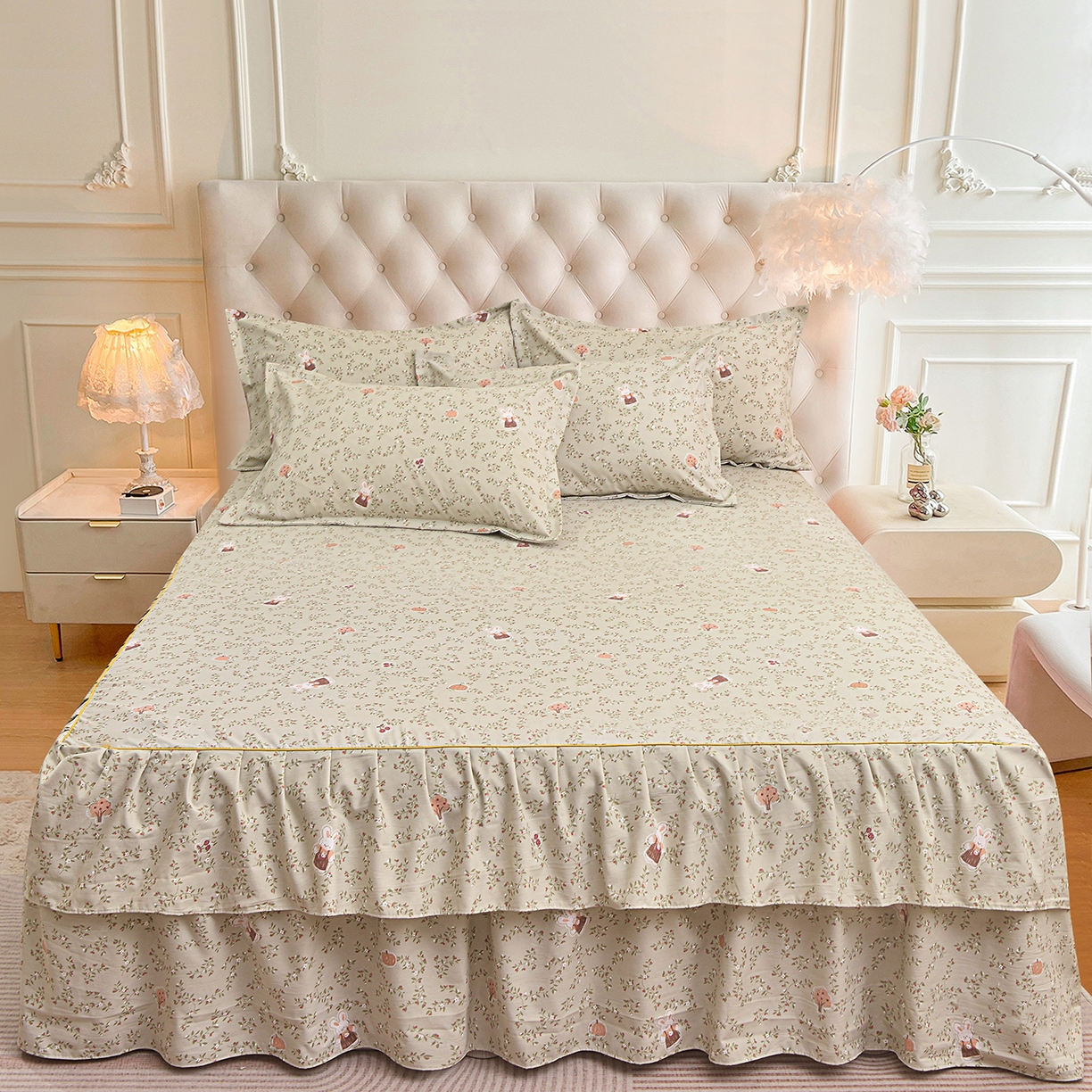 小雨家纺 2026新款云锦棉韩版印花单床裙系列 爱乐兔（拿铁棕）