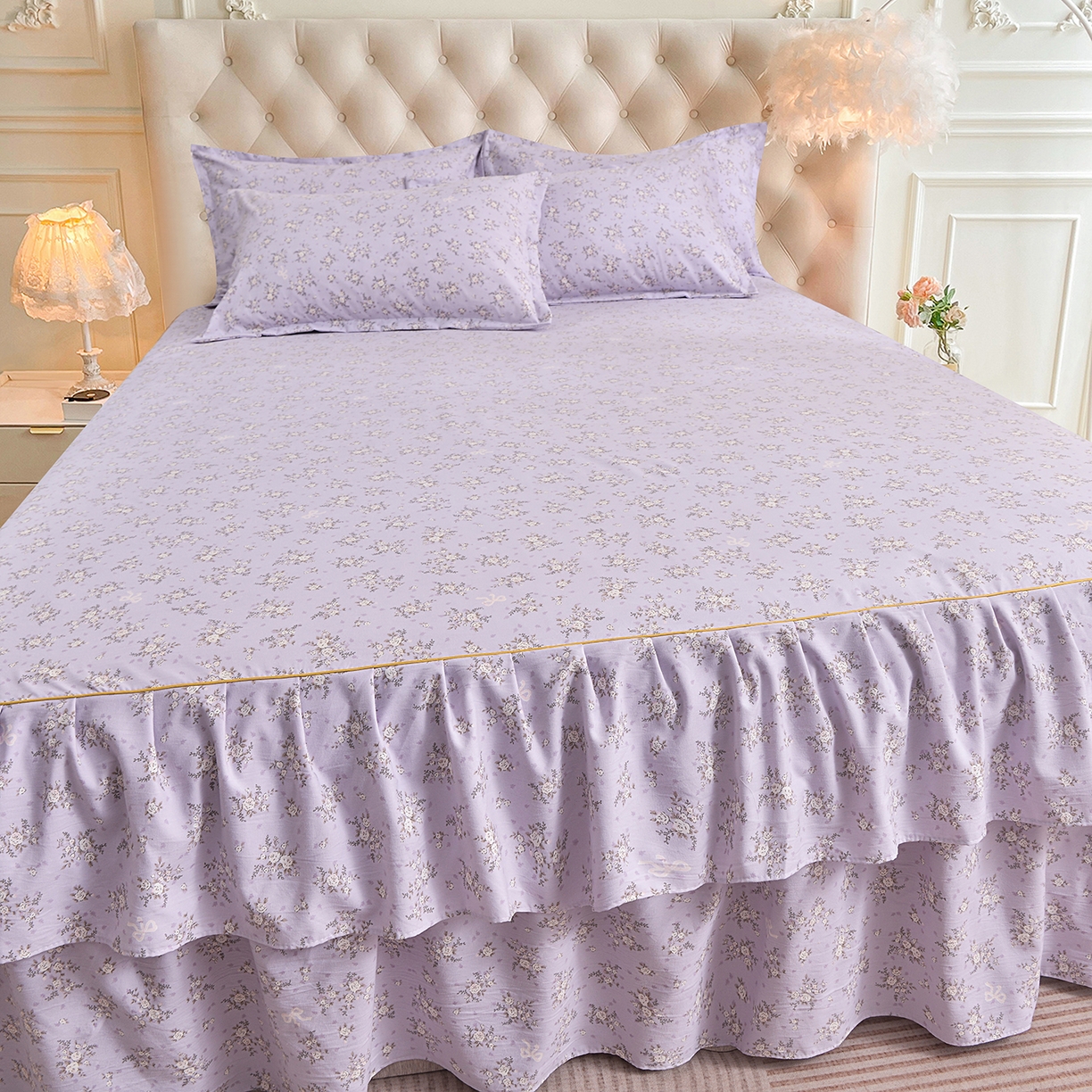 91家纺网 家纺一手货源 找家纺 小雨家纺 2026新款云锦棉韩版印花单床裙系列 浮生9007（齐紫）