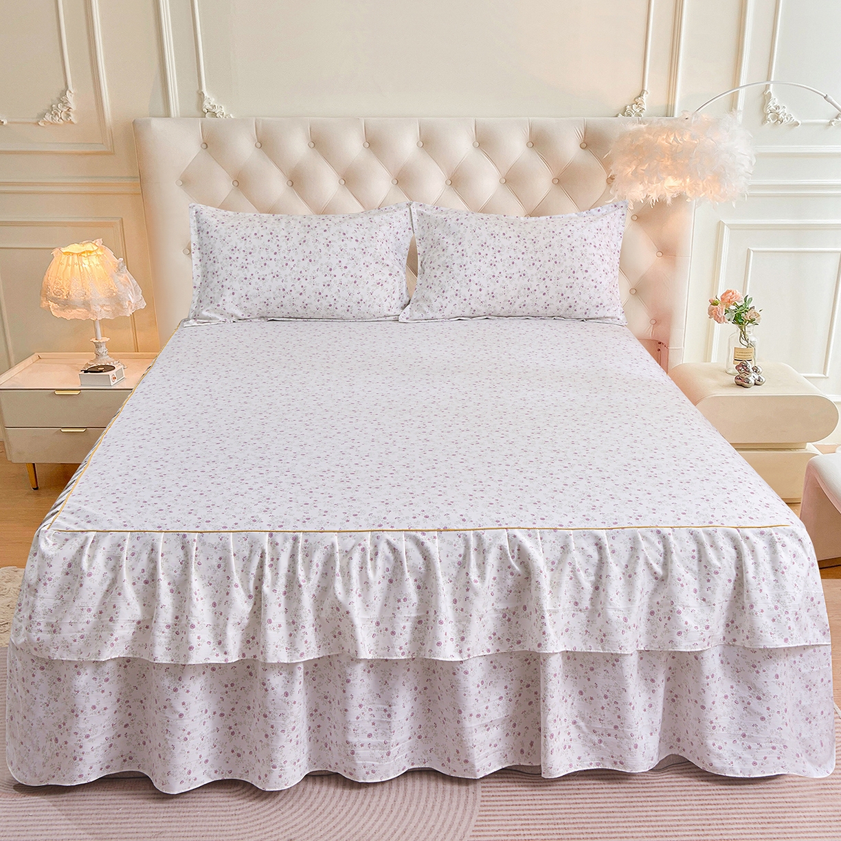 91家纺网 家纺一手货源 找家纺 小雨家纺 2026新款云锦棉韩版印花单床裙系列 花盎然9018雪青