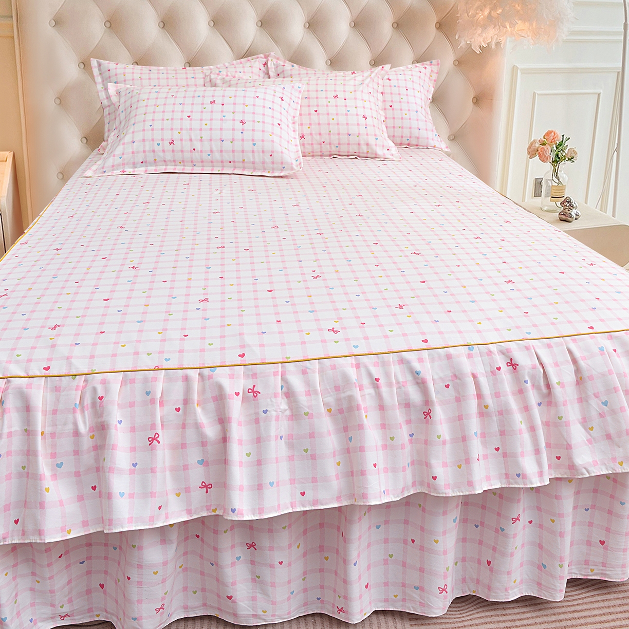 91家纺网 家纺一手货源 找家纺 小雨家纺 2026新款云锦棉韩版印花单床裙系列 爱彩（樱花粉）