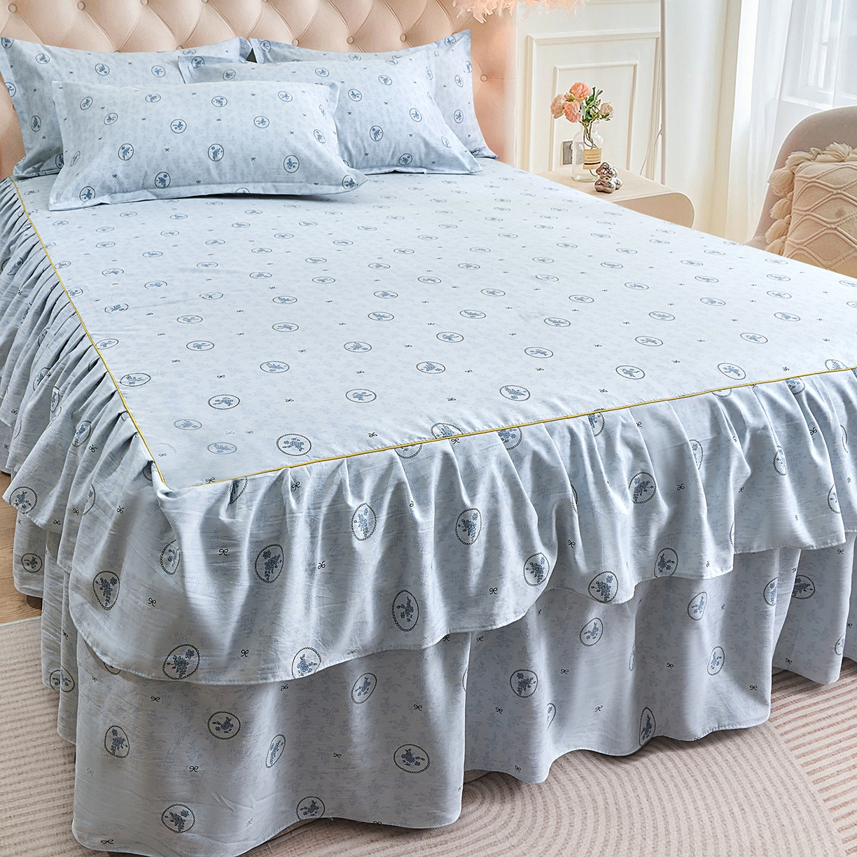 91家纺网 家纺一手货源 找家纺 小雨家纺 2026新款云锦棉韩版印花单床裙系列 花香漫漫