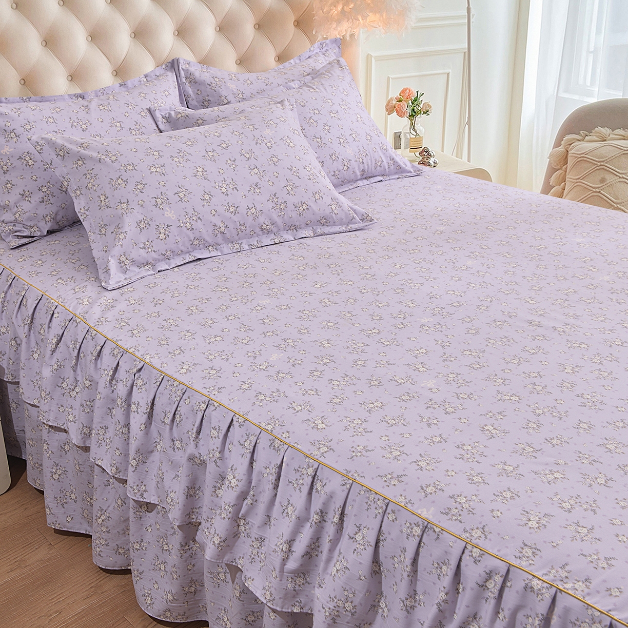 91家纺网 家纺一手货源 找家纺 小雨家纺 2026新款云锦棉韩版印花单床裙系列 浮生9007（齐紫）