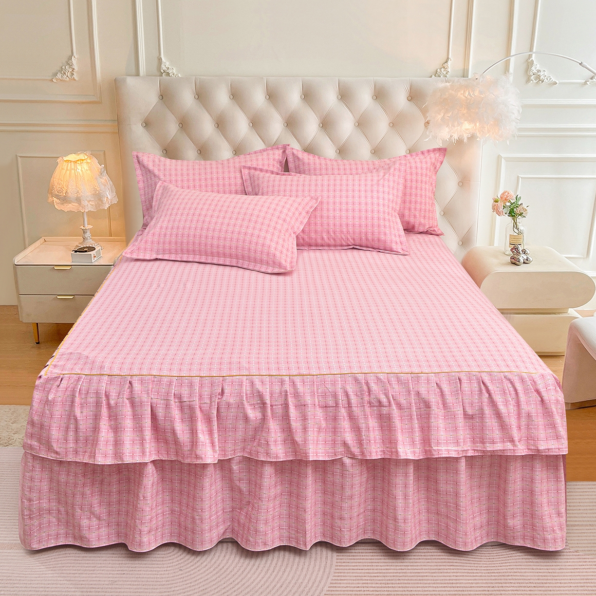 小雨家纺 2026新款云锦棉韩版印花单床裙系列 阿波罗（樱花粉）