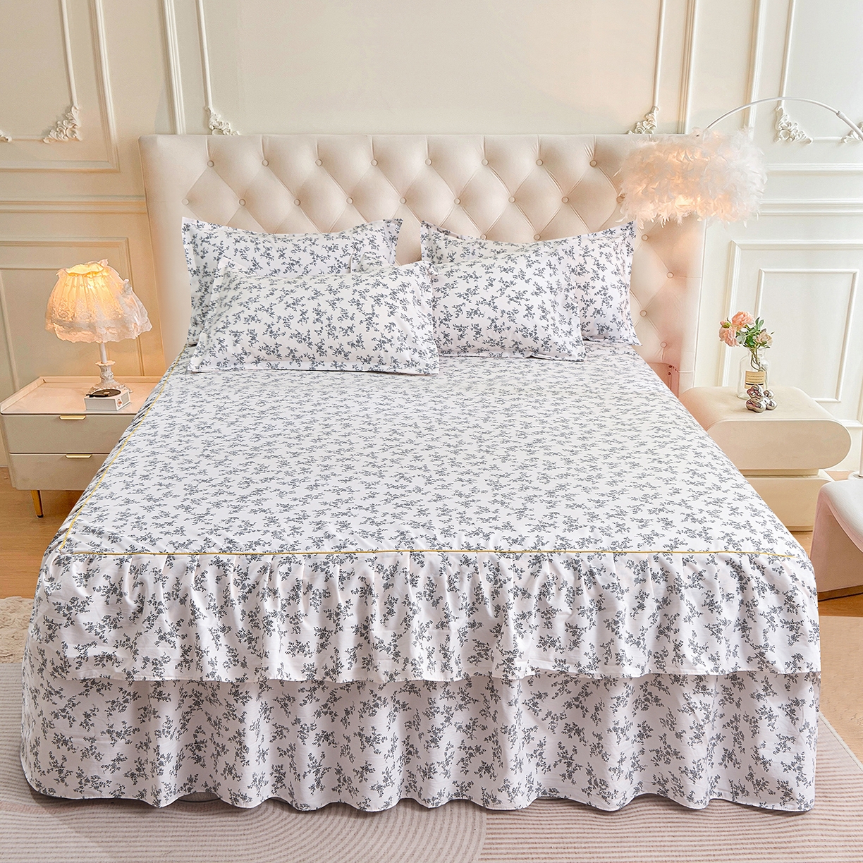 小雨家纺 2026新款云锦棉韩版印花单床裙系列 成瑾9014（星河灰）