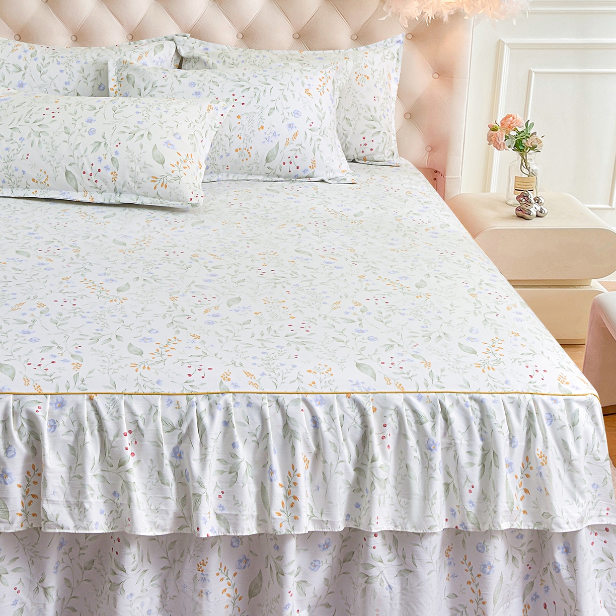 91家纺网 家纺一手货源 找家纺 小雨家纺 2026新款云锦棉韩版印花单床裙系列 云望舒9053（山野绿）