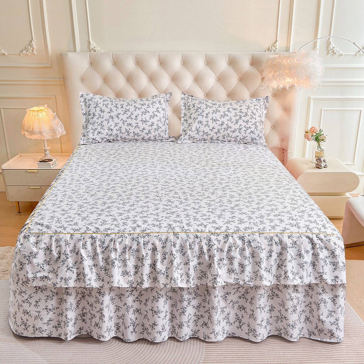 91家纺网 家纺一手货源 找家纺 小雨家纺 2026新款云锦棉韩版印花单床裙系列 成瑾9014（星河灰）