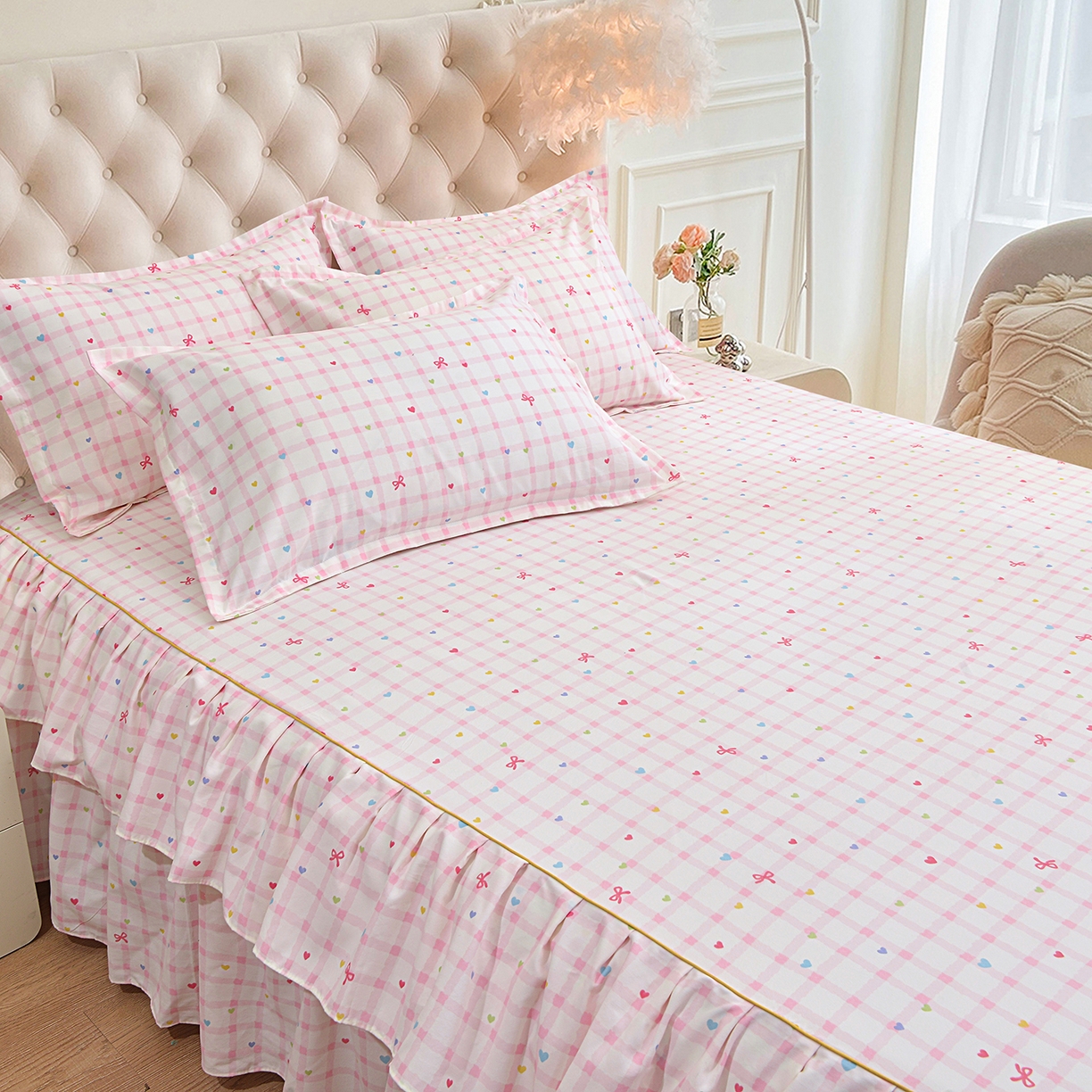 91家纺网 家纺一手货源 找家纺 小雨家纺 2026新款云锦棉韩版印花单床裙系列 爱彩（樱花粉）