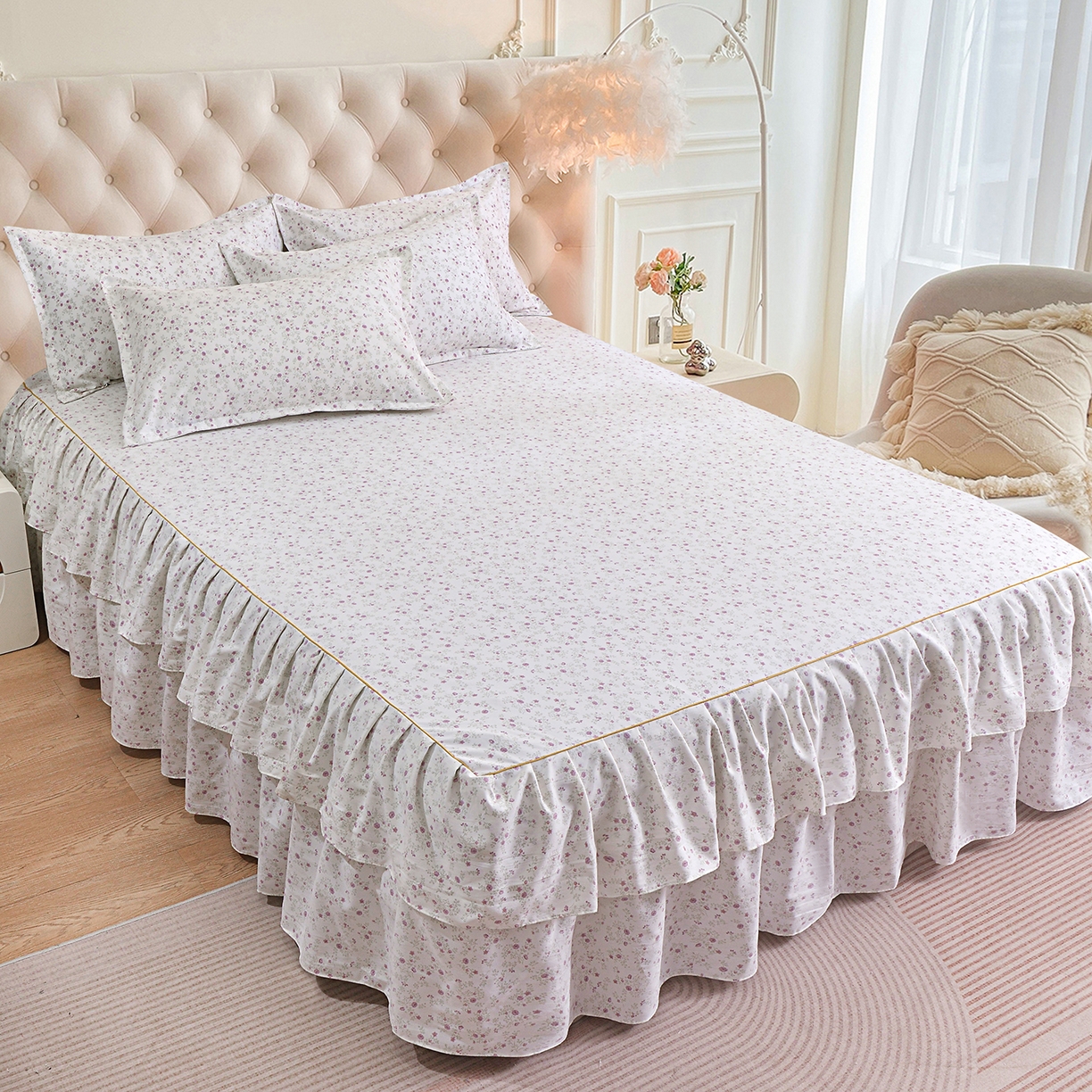 91家纺网 家纺一手货源 找家纺 小雨家纺 2026新款云锦棉韩版印花单床裙系列 花盎然9018雪青