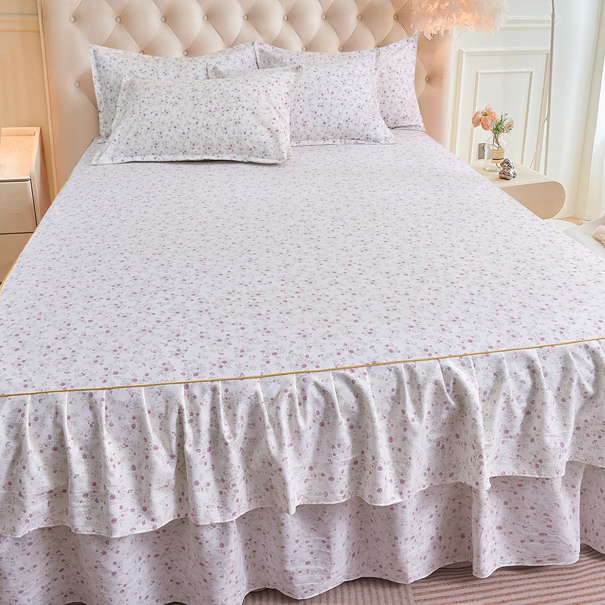 91家纺网 家纺一手货源 找家纺 小雨家纺 2026新款云锦棉韩版印花单床裙系列 花盎然9018雪青